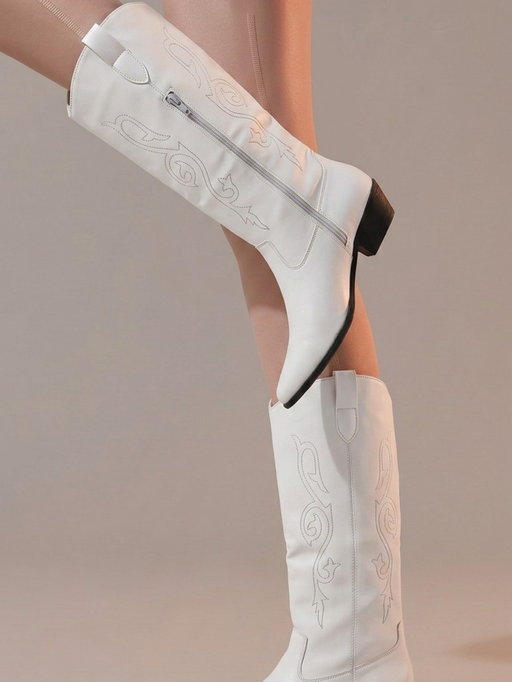 White Women's Western Knee-High Boots with Embroidered Detail
